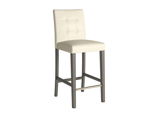 Warm white vegan leather bar height stool with sleek metal legs, cushioned seat, and backrest. Features modern design, durable materials, and comfortable padding for stylish and sustainable seating.