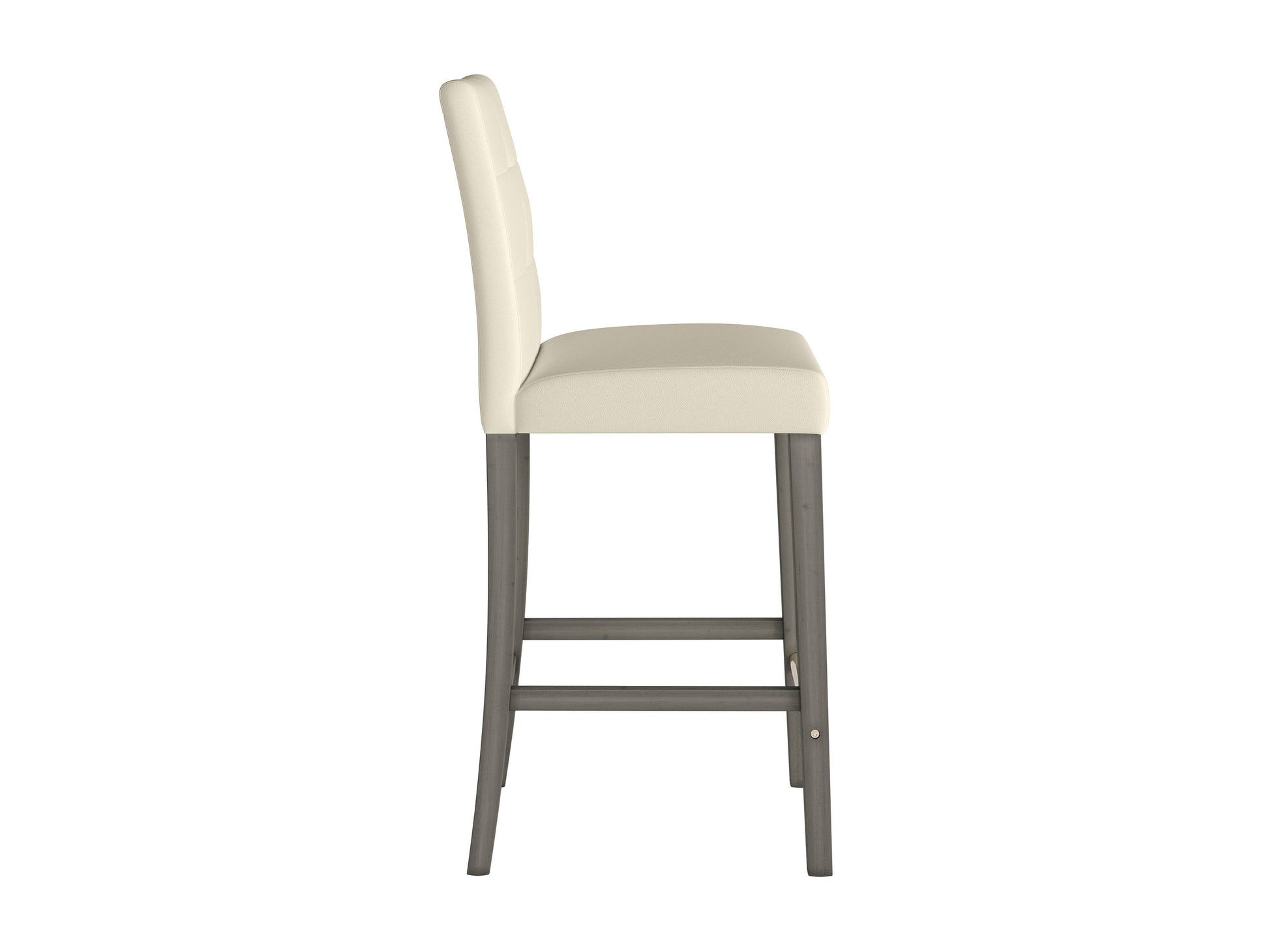 Warm white vegan leather bar height stool with sleek metal legs, cushioned seat, and backrest. Features modern design, durable materials, and comfortable padding for stylish and sustainable seating.