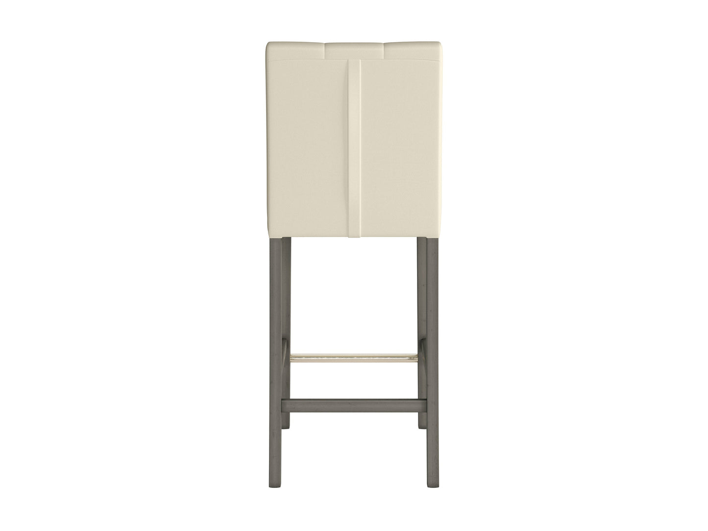 Warm white vegan leather bar height stool with sleek metal legs, cushioned seat, and backrest. Features modern design, durable materials, and comfortable padding for stylish and sustainable seating.
