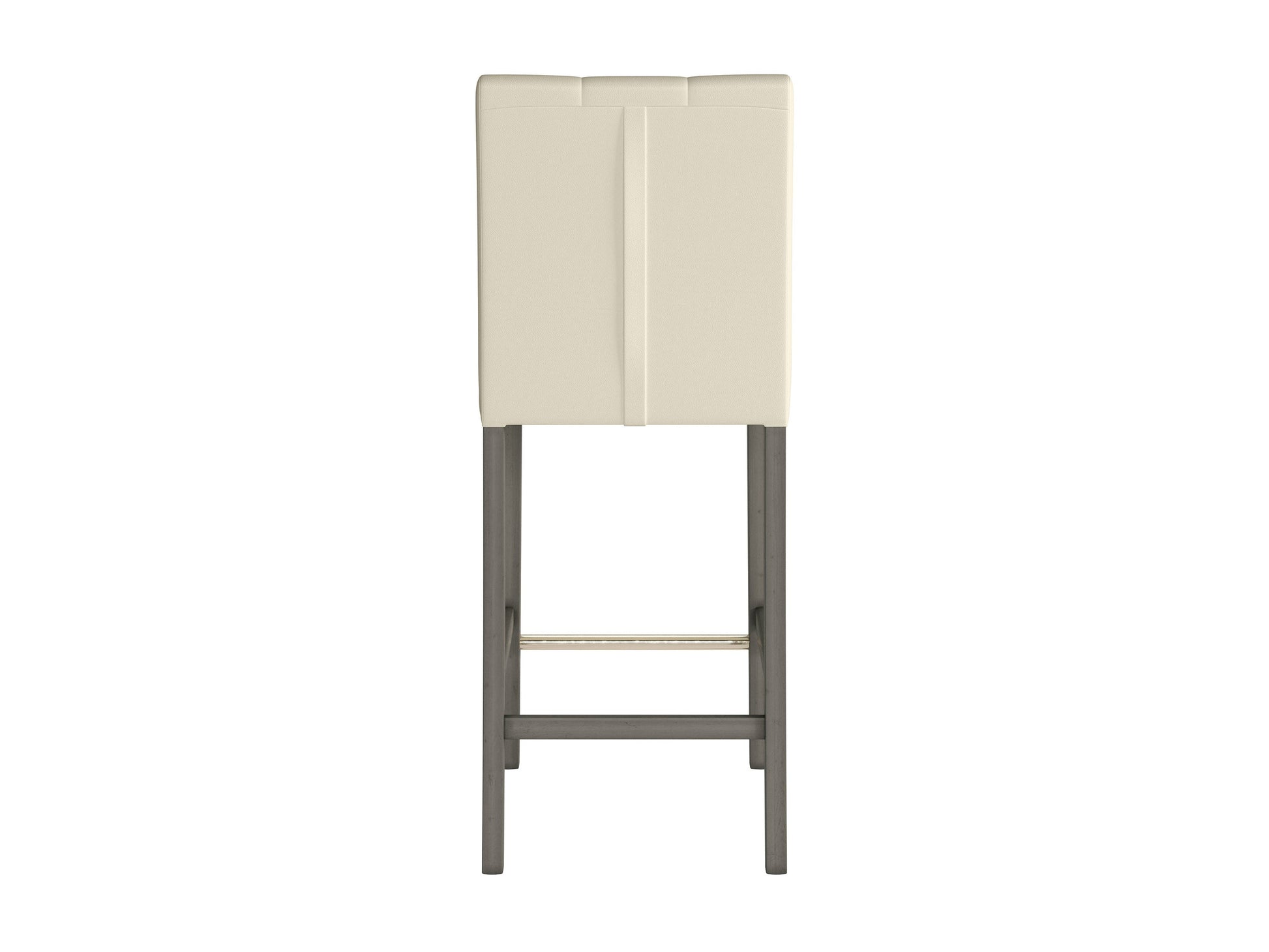Warm white vegan leather bar height stool with sleek metal legs, cushioned seat, and backrest. Features modern design, durable materials, and comfortable padding for stylish and sustainable seating.