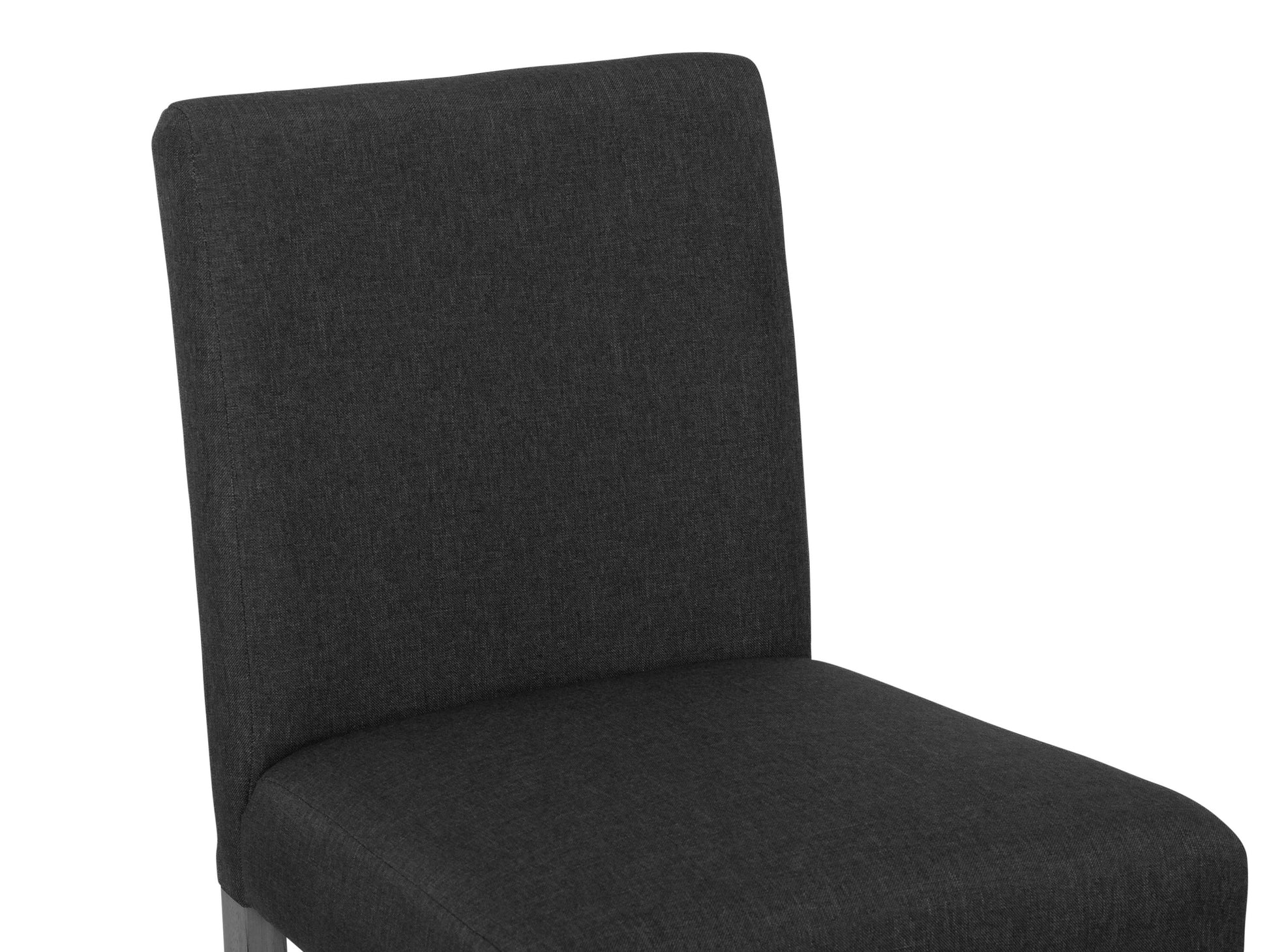 Dark grey fabric counter height bar stool with cushioned seat, sleek black metal legs, and footrest. Ideal for modern kitchens or bars, combining comfort and style with a minimalist design.