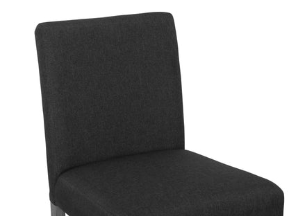 Dark grey fabric counter height bar stool with cushioned seat, sleek black metal legs, and footrest. Ideal for modern kitchens or bars, combining comfort and style with a minimalist design.