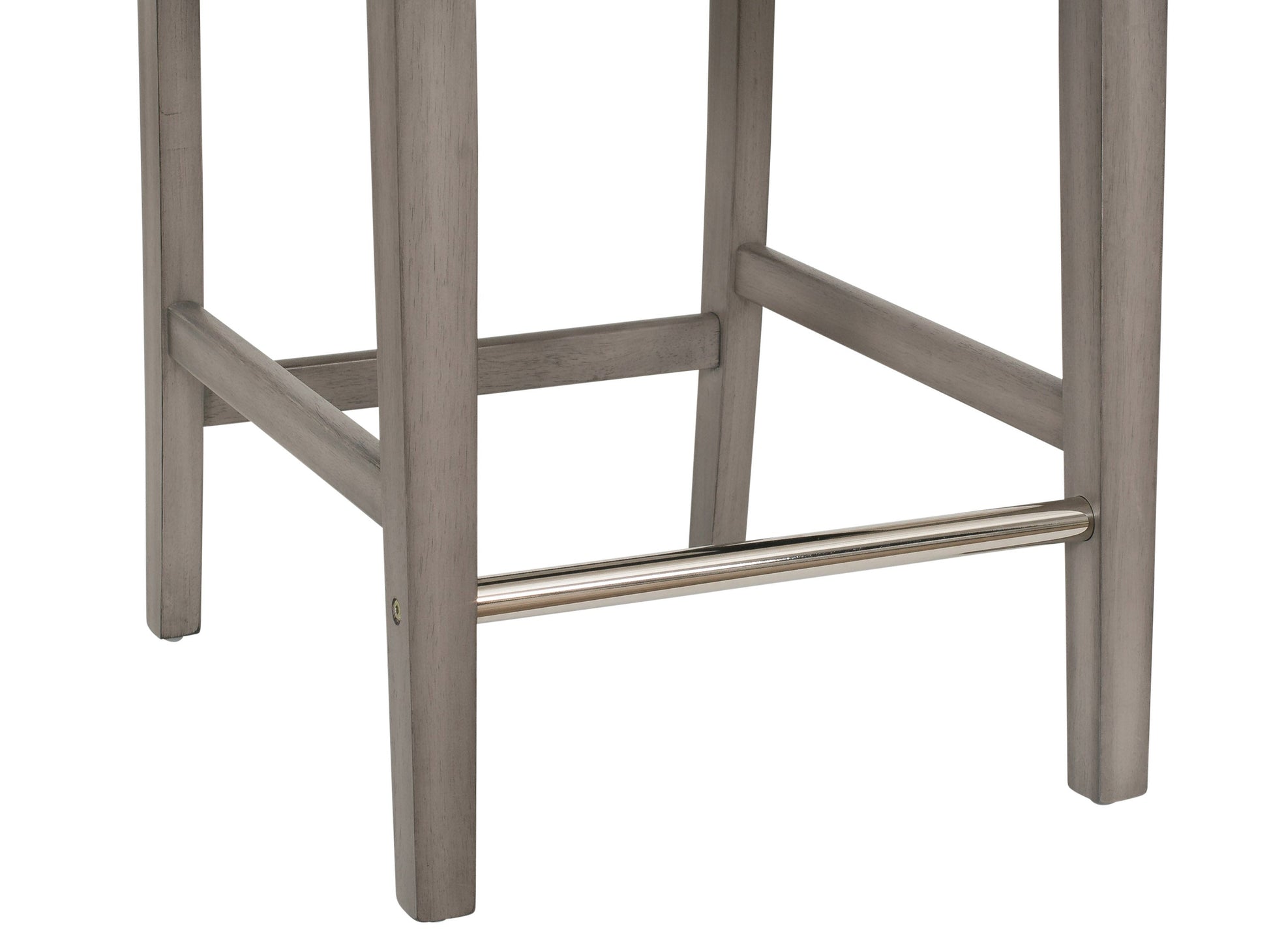 Dark grey fabric counter height bar stool with cushioned seat, sleek black metal legs, and footrest. Ideal for modern kitchens or bars, combining comfort and style with a minimalist design.