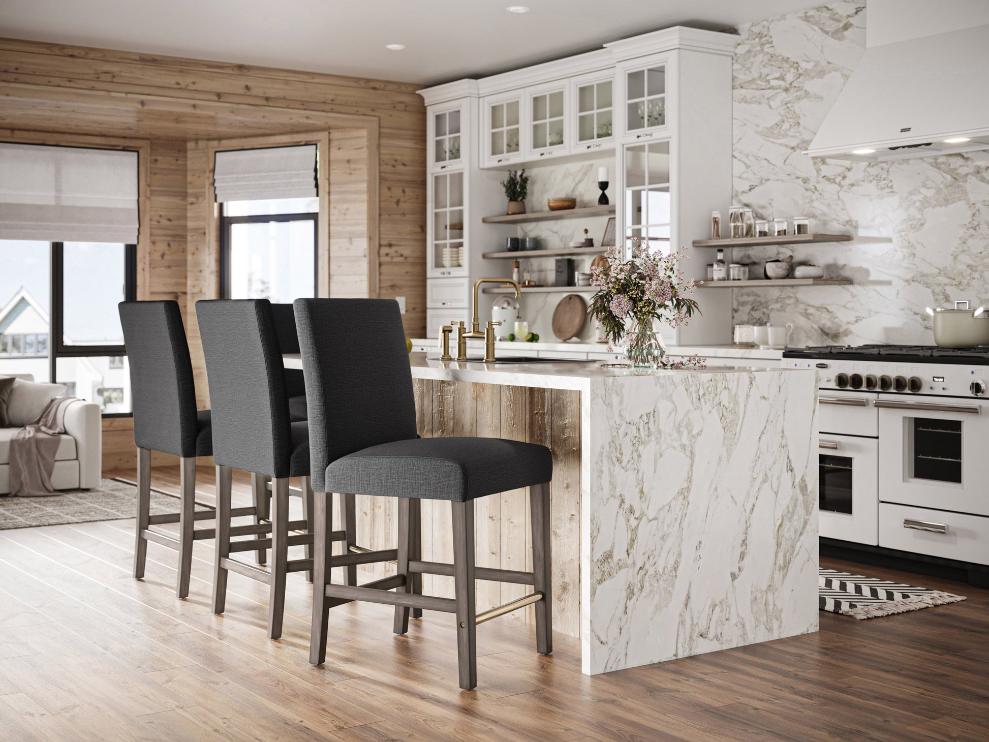 Dark grey fabric counter height bar stool with cushioned seat, sleek black metal legs, and footrest. Ideal for modern kitchens or bars, combining comfort and style with a minimalist design.