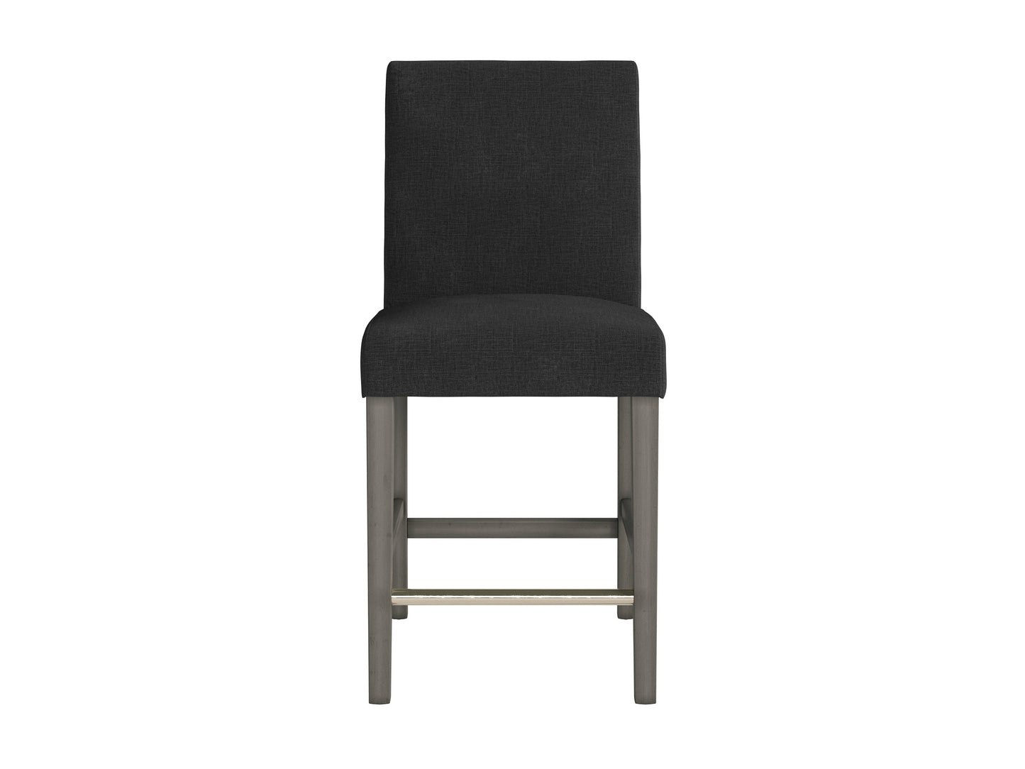 Dark grey fabric counter height bar stool with cushioned seat, sleek black metal legs, and footrest. Ideal for modern kitchens or bars, combining comfort and style with a minimalist design.
