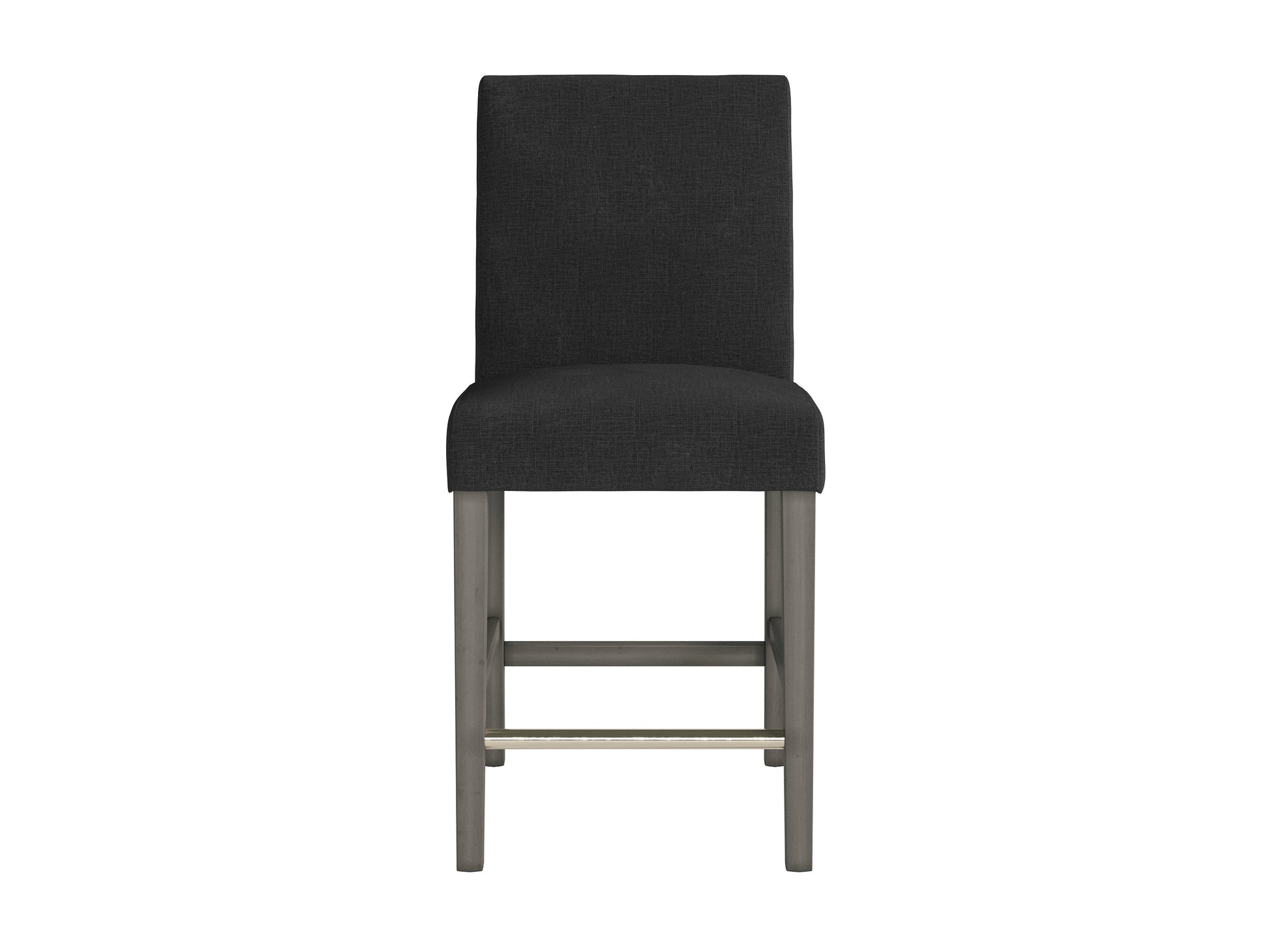 Dark grey fabric counter height bar stool with cushioned seat, sleek black metal legs, and footrest. Ideal for modern kitchens or bars, combining comfort and style with a minimalist design.