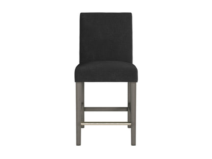 Dark grey fabric counter height bar stool with cushioned seat, sleek black metal legs, and footrest. Ideal for modern kitchens or bars, combining comfort and style with a minimalist design.