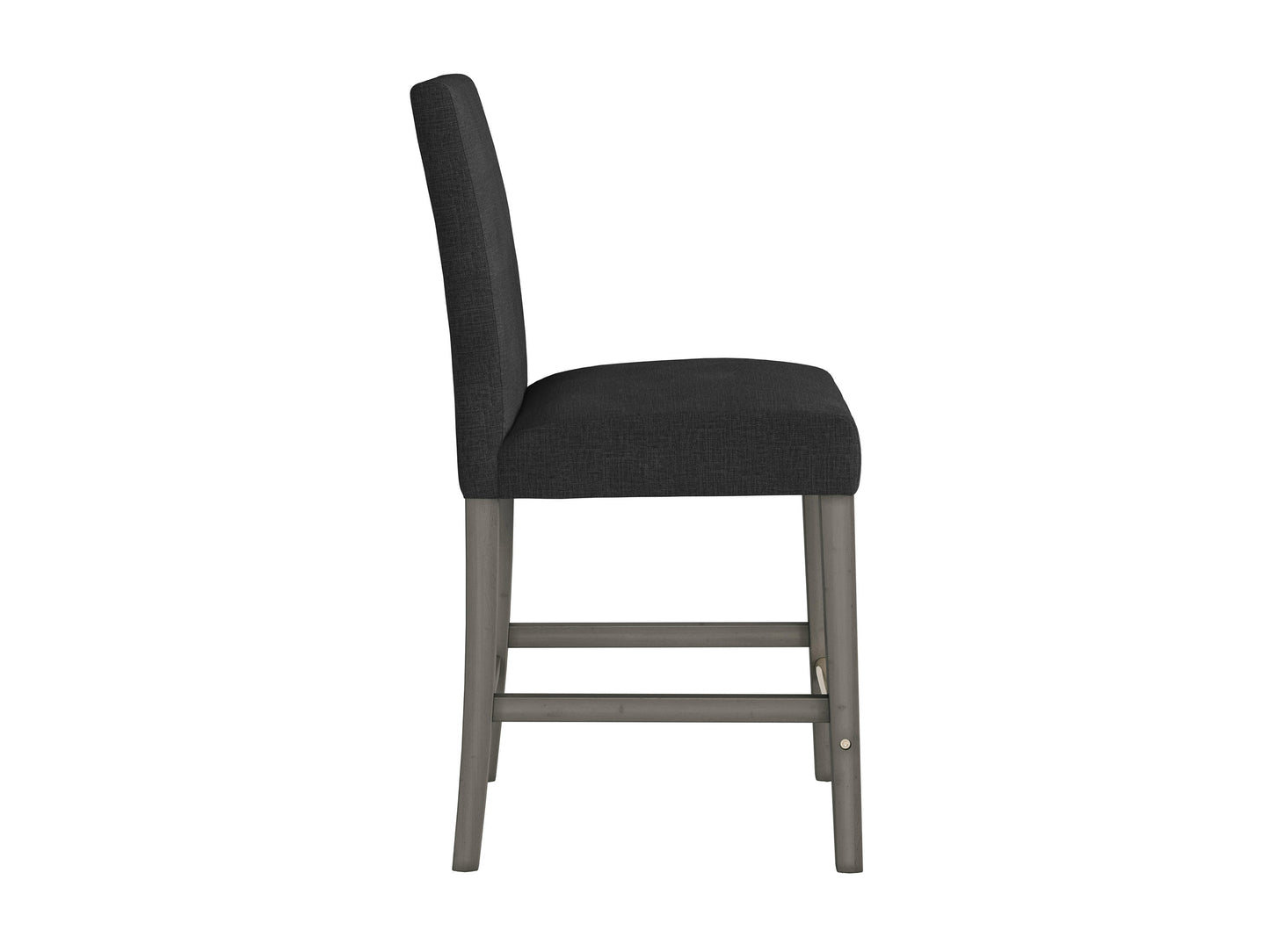 Dark grey fabric counter height bar stool with cushioned seat, sleek black metal legs, and footrest. Ideal for modern kitchens or bars, combining comfort and style with a minimalist design.