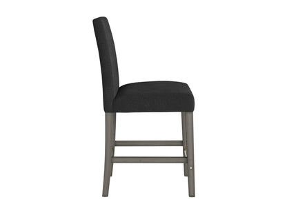 Dark grey fabric counter height bar stool with cushioned seat, sleek black metal legs, and footrest. Ideal for modern kitchens or bars, combining comfort and style with a minimalist design.