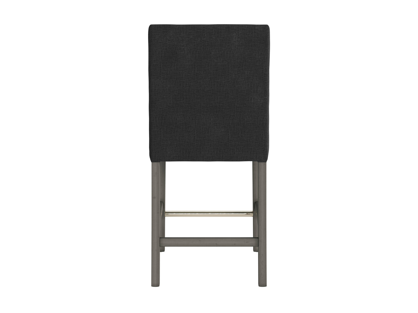Dark grey fabric counter height bar stool with cushioned seat, sleek black metal legs, and footrest. Ideal for modern kitchens or bars, combining comfort and style with a minimalist design.