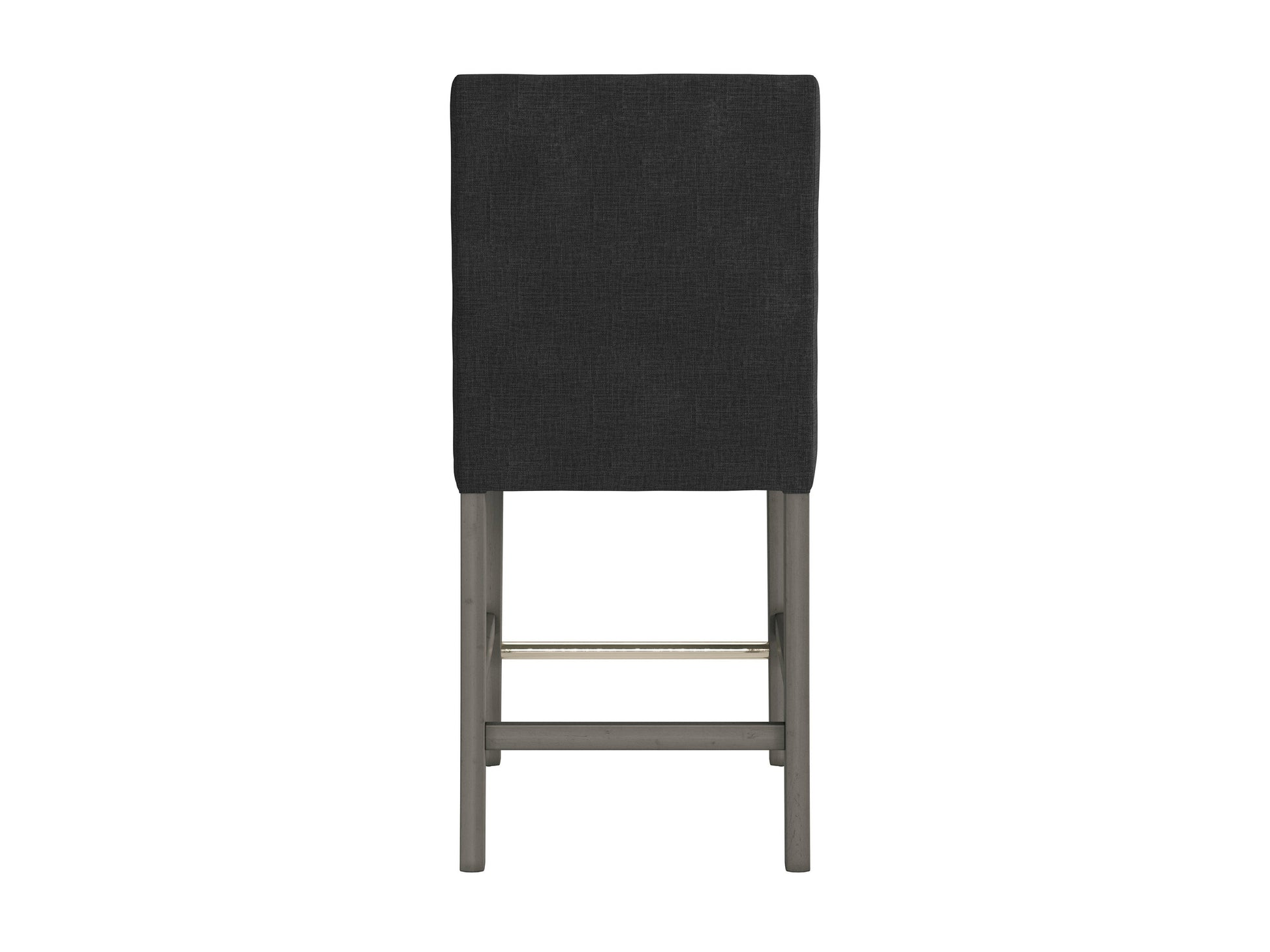 Dark grey fabric counter height bar stool with cushioned seat, sleek black metal legs, and footrest. Ideal for modern kitchens or bars, combining comfort and style with a minimalist design.