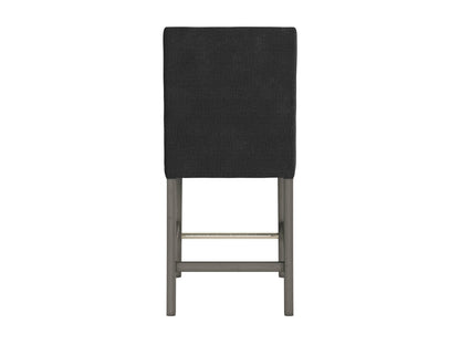 Dark grey fabric counter height bar stool with cushioned seat, sleek black metal legs, and footrest. Ideal for modern kitchens or bars, combining comfort and style with a minimalist design.