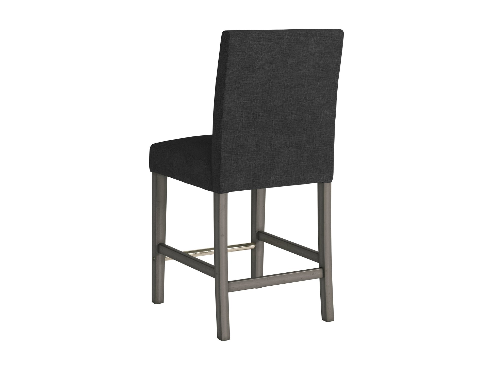 Dark grey fabric counter height bar stool with cushioned seat, sleek black metal legs, and footrest. Ideal for modern kitchens or bars, combining comfort and style with a minimalist design.