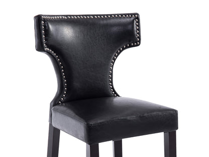 Black counter height bar stools, set of 2, featuring sleek metal frames, cushioned seats in faux leather, and footrests for added comfort. Ideal for modern kitchens, home bars, or dining areas.