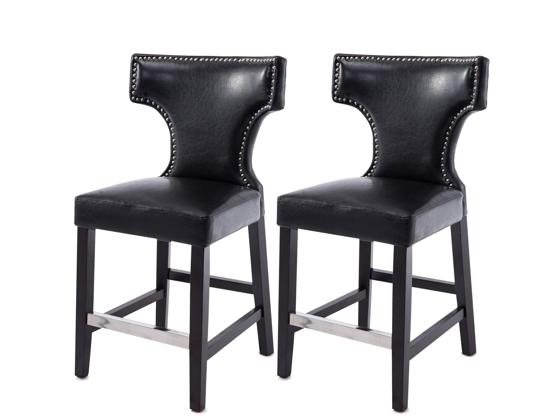 Black counter height bar stools, set of 2, featuring sleek metal frames, cushioned seats in faux leather, and footrests for added comfort. Ideal for modern kitchens, home bars, or dining areas.