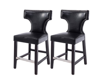 Black counter height bar stools, set of 2, featuring sleek metal frames, cushioned seats in faux leather, and footrests for added comfort. Ideal for modern kitchens, home bars, or dining areas.