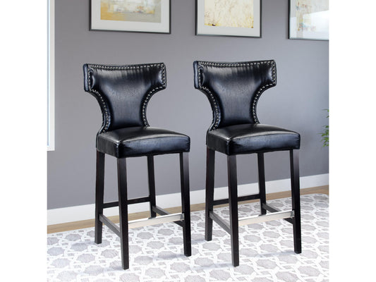 Set of 2 black bar height bar stools with sleek metal frames, cushioned seats, and footrests. Modern design with durable materials ideal for kitchen islands or home bars.