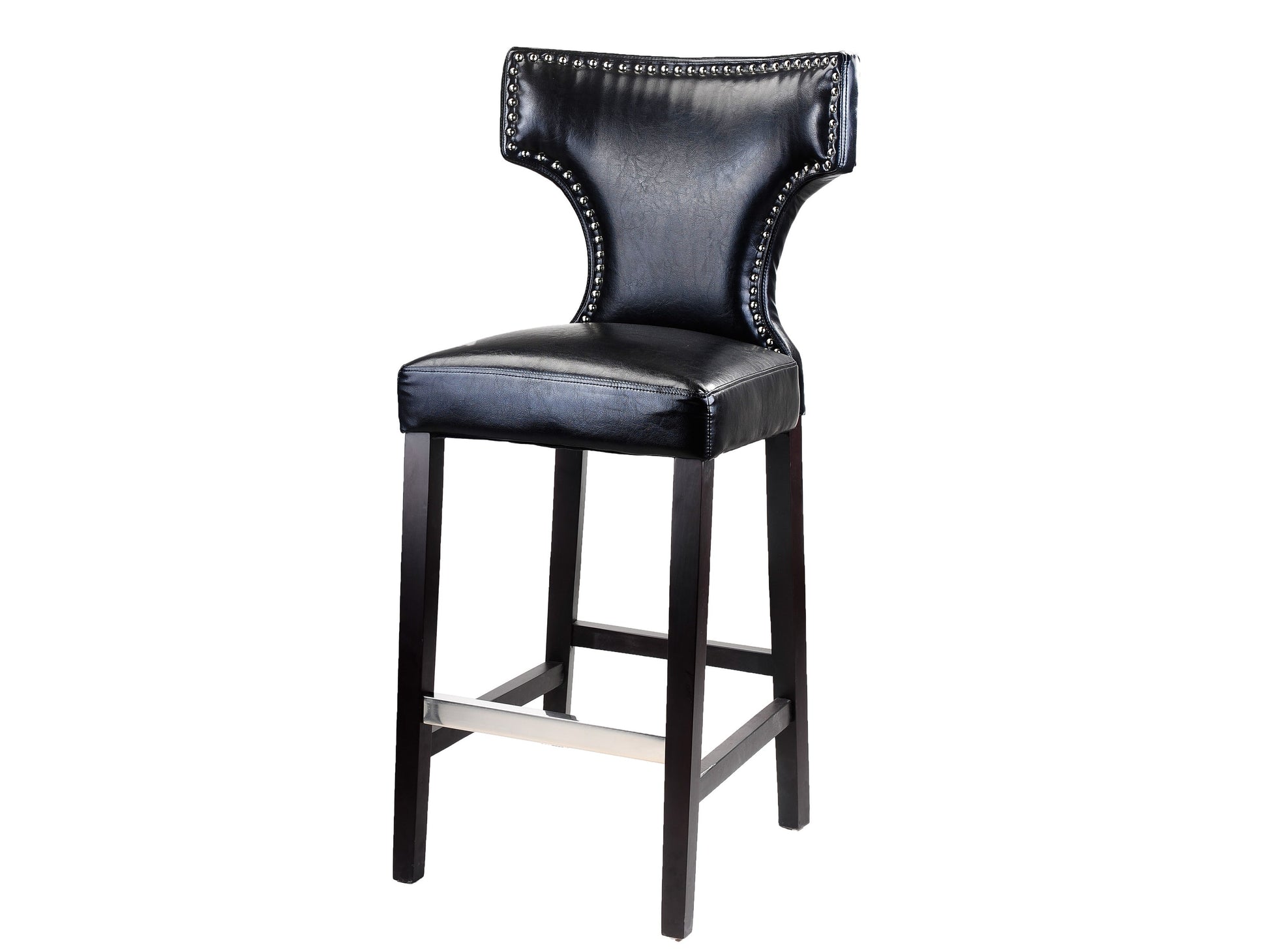 Set of 2 black bar height bar stools with sleek metal frames, cushioned seats, and footrests. Modern design with durable materials ideal for kitchen islands or home bars.