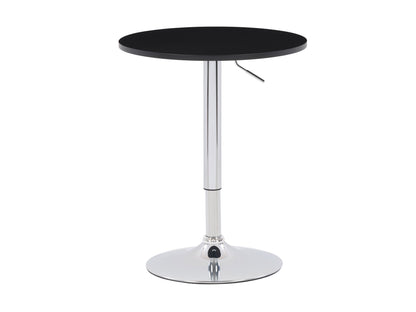 Black adjustable height round bar table with sleek metal base, smooth black tabletop, and modern design. Ideal for home bars, kitchen islands, or entertainment areas. Durable and stylish for contemporary decor.