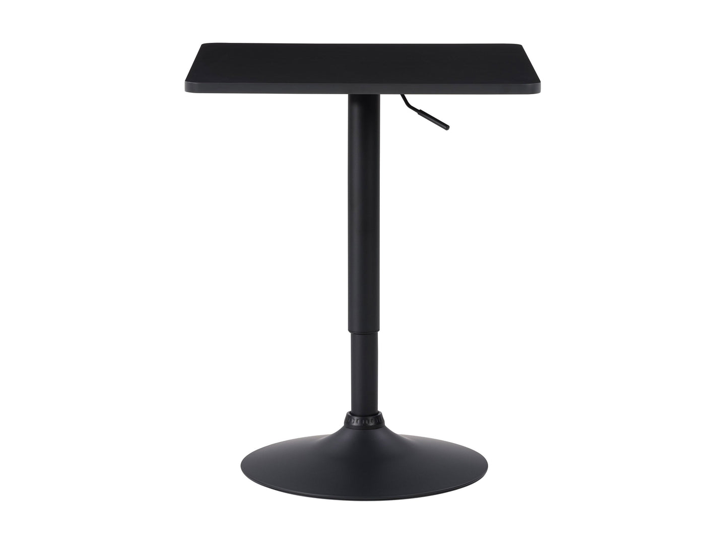 Adjustable height bar table with a square black top and sleek metal frame, featuring a modern design, sturdy construction, and smooth finish, perfect for contemporary kitchen or home bar settings.