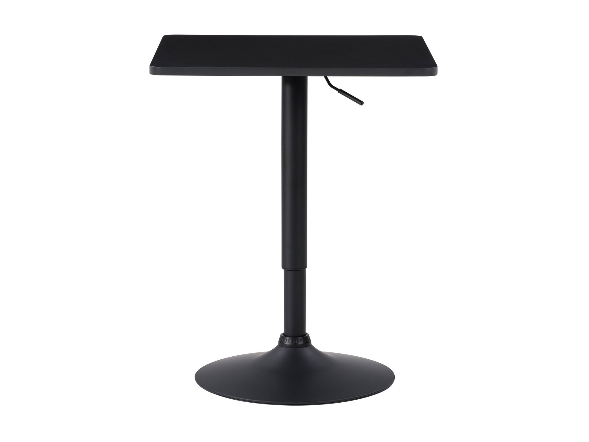 Adjustable height bar table with a square black top and sleek metal frame, featuring a modern design, sturdy construction, and smooth finish, perfect for contemporary kitchen or home bar settings.