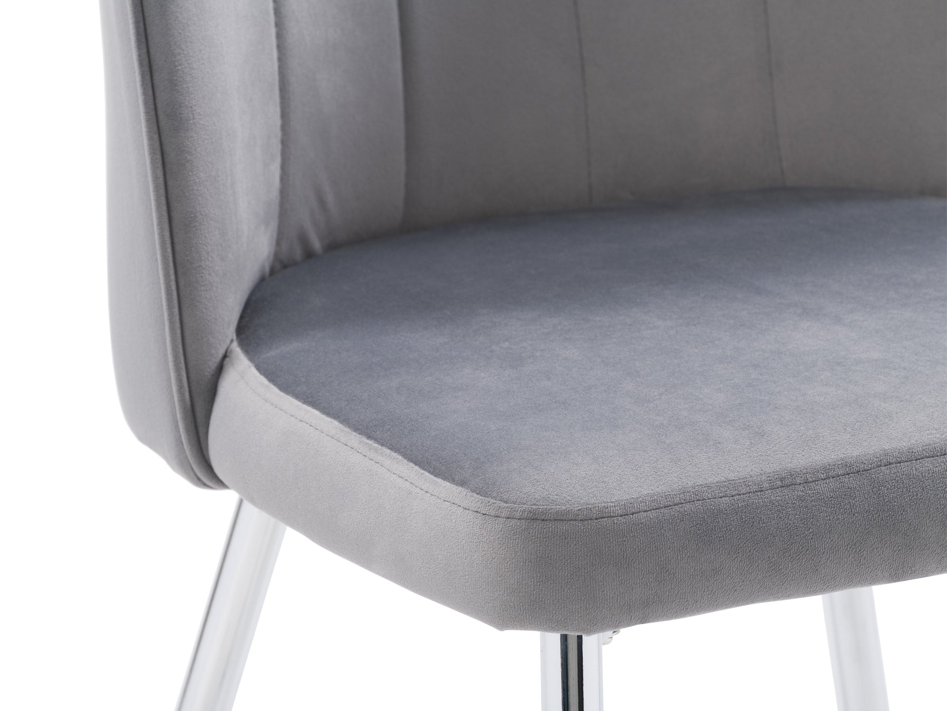 Grey velvet dining room chairs, set of 2, featuring sleek metal legs, plush upholstery, and a modern design. Ideal for contemporary dining spaces, these chairs offer both comfort and style.