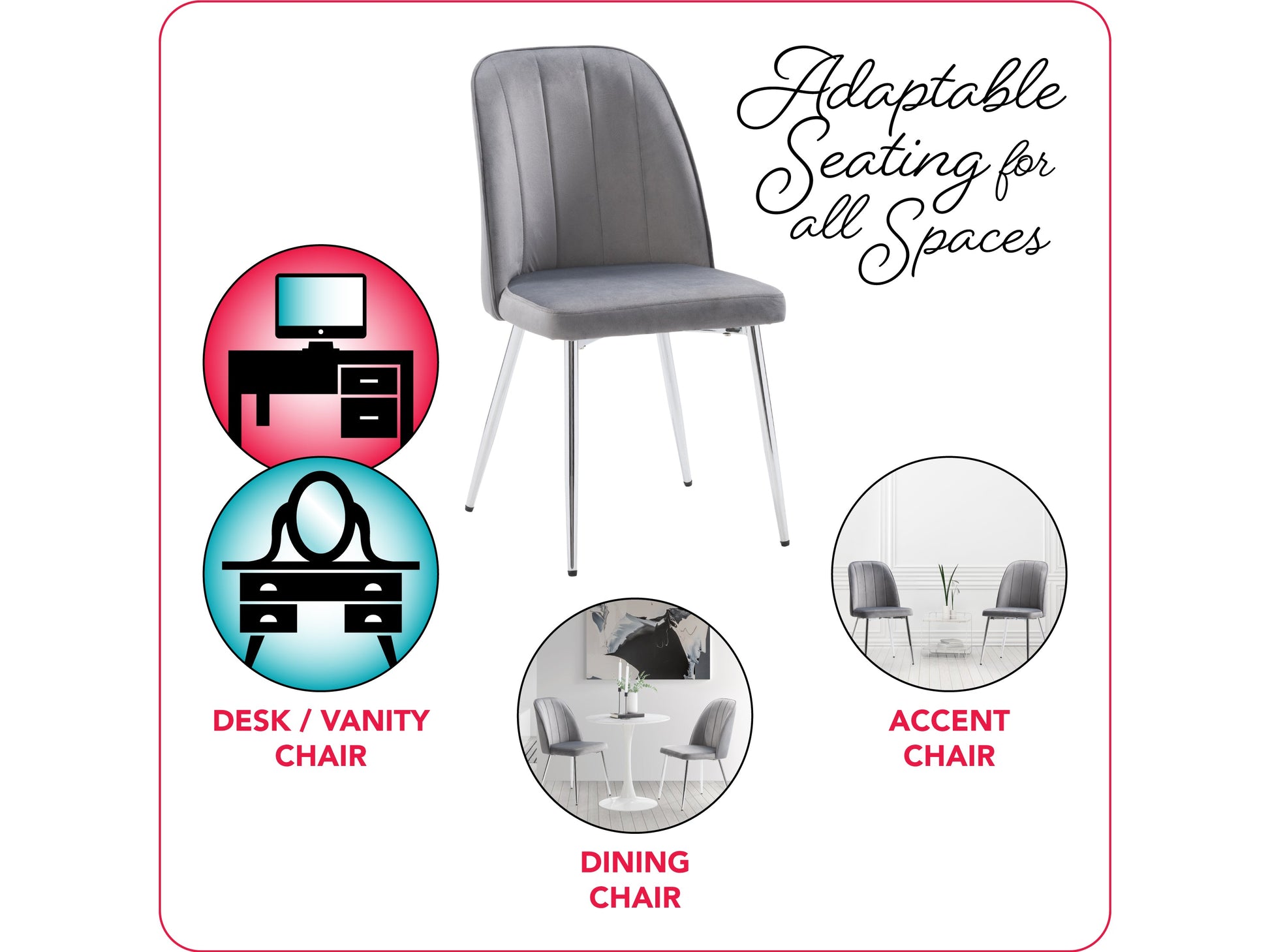 Grey velvet dining room chairs, set of 2, featuring sleek metal legs, plush upholstery, and a modern design. Ideal for contemporary dining spaces, these chairs offer both comfort and style.