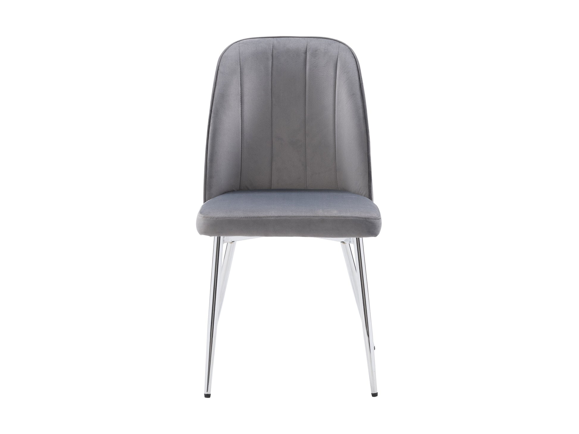 Grey velvet dining room chairs, set of 2, featuring sleek metal legs, plush upholstery, and a modern design. Ideal for contemporary dining spaces, these chairs offer both comfort and style.