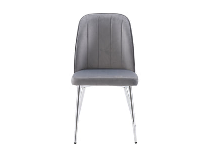 Grey velvet dining room chairs, set of 2, featuring sleek metal legs, plush upholstery, and a modern design. Ideal for contemporary dining spaces, these chairs offer both comfort and style.