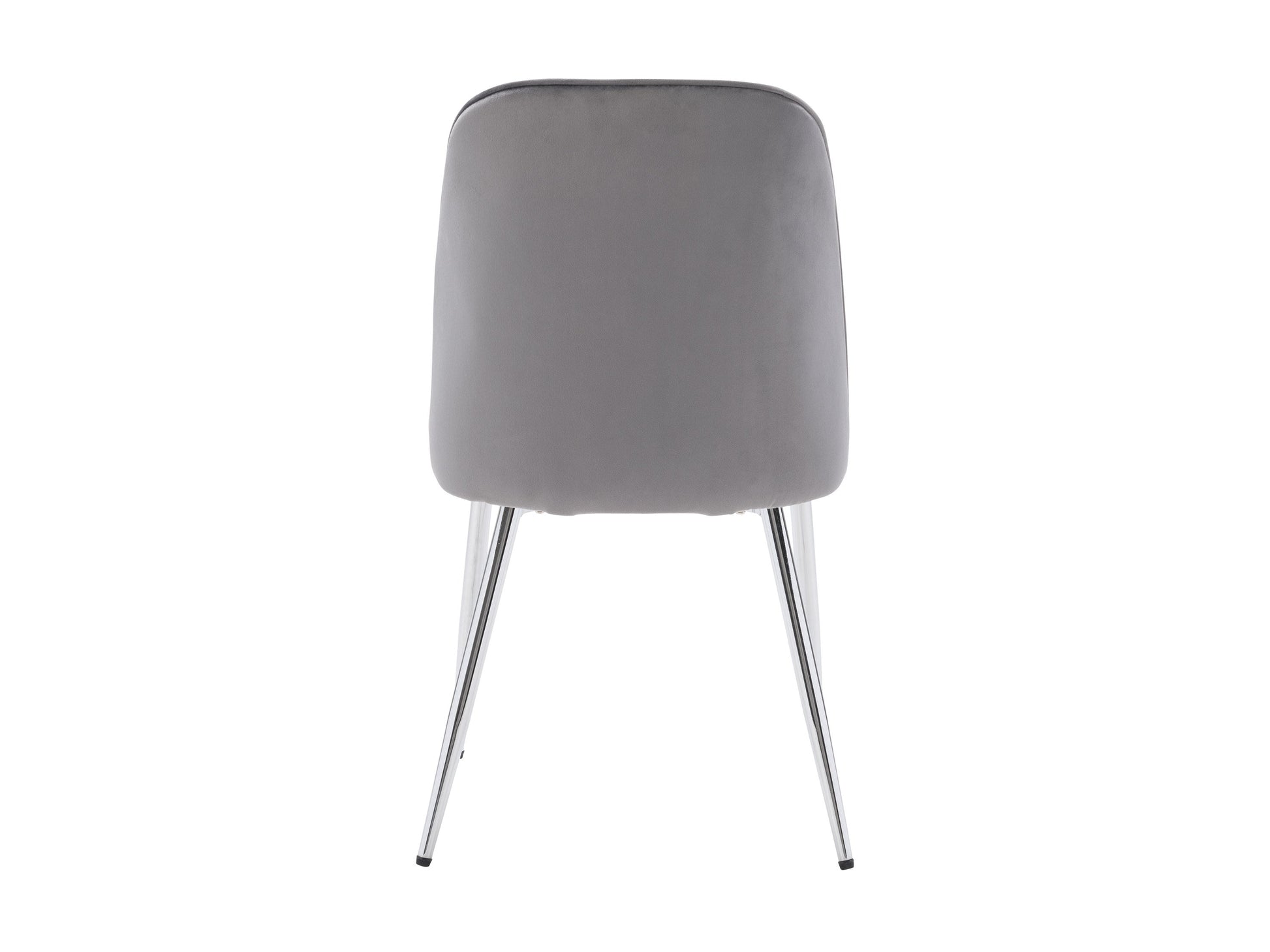 Grey velvet dining room chairs, set of 2, featuring sleek metal legs, plush upholstery, and a modern design. Ideal for contemporary dining spaces, these chairs offer both comfort and style.