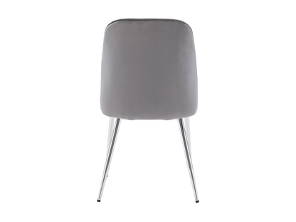 Grey velvet dining room chairs, set of 2, featuring sleek metal legs, plush upholstery, and a modern design. Ideal for contemporary dining spaces, these chairs offer both comfort and style.