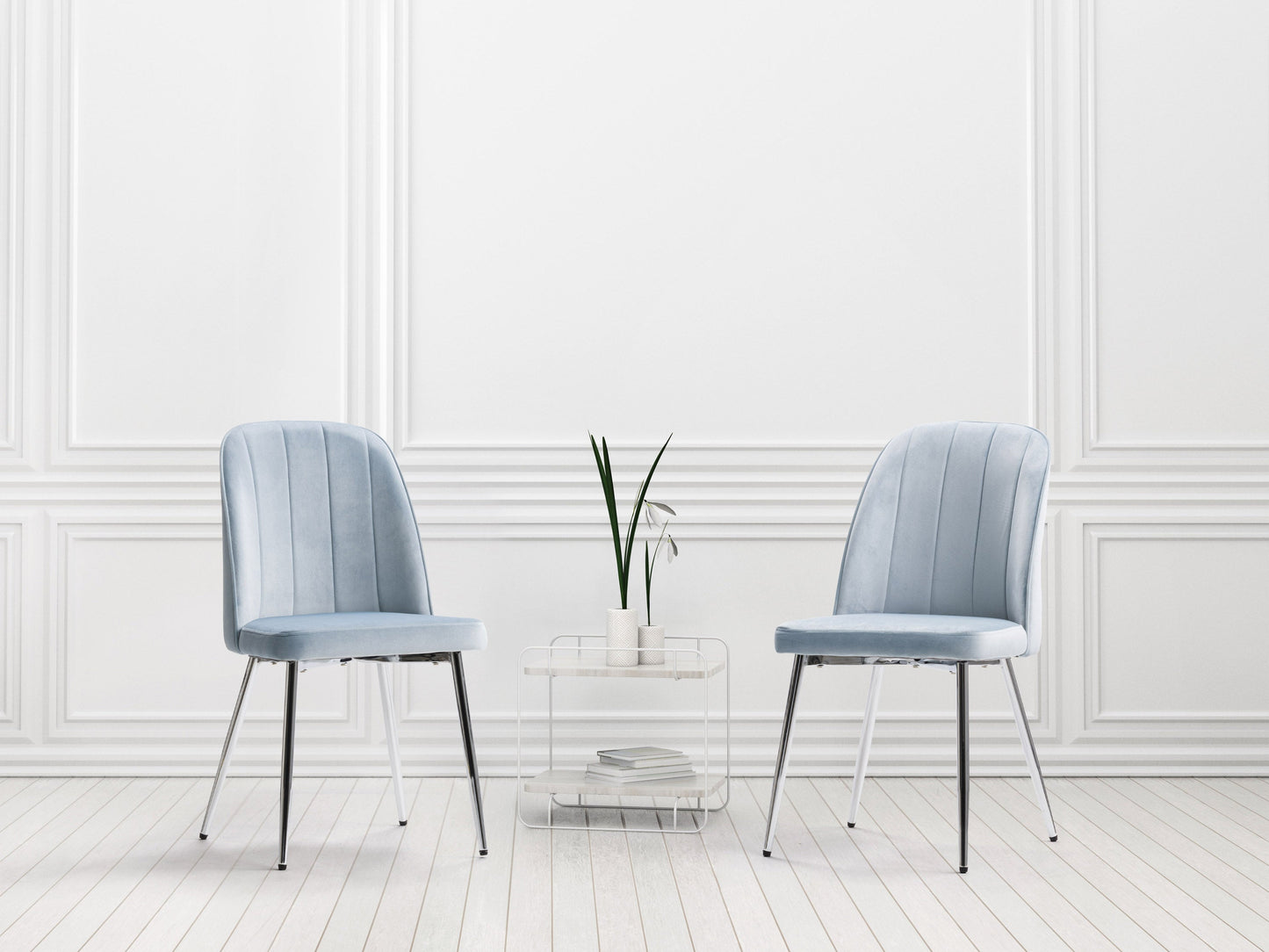 Blue velvet dining room chairs, set of 2, with tufted backs, wooden legs, and a sleek modern design. Ideal for contemporary dining spaces, offering comfort and style with a luxurious texture.