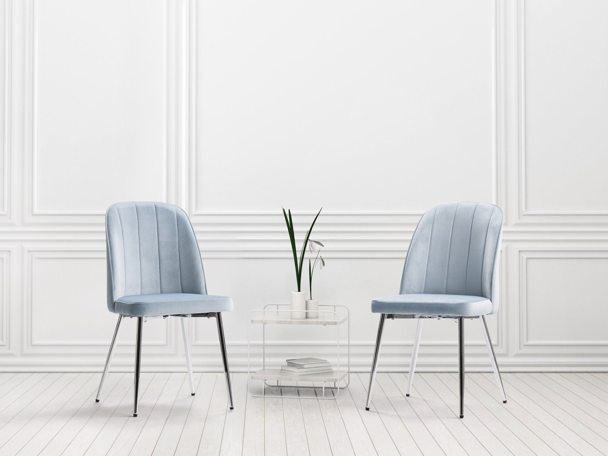 Blue velvet dining room chairs, set of 2, with tufted backs, wooden legs, and a sleek modern design. Ideal for contemporary dining spaces, offering comfort and style with a luxurious texture.