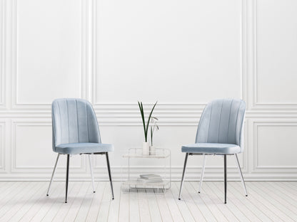 Blue velvet dining room chairs, set of 2, with tufted backs, wooden legs, and a sleek modern design. Ideal for contemporary dining spaces, offering comfort and style with a luxurious texture.