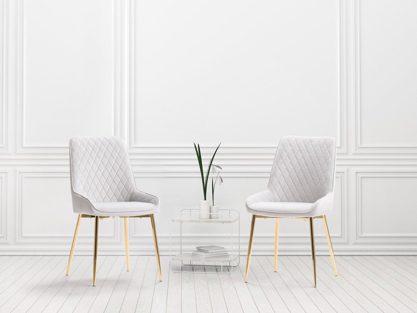 Light grey velvet dining chairs, set of 2, with tufted backrest, gold metal legs, and contemporary design. Perfect for modern dining rooms or kitchens. Luxurious and elegant seating solution.