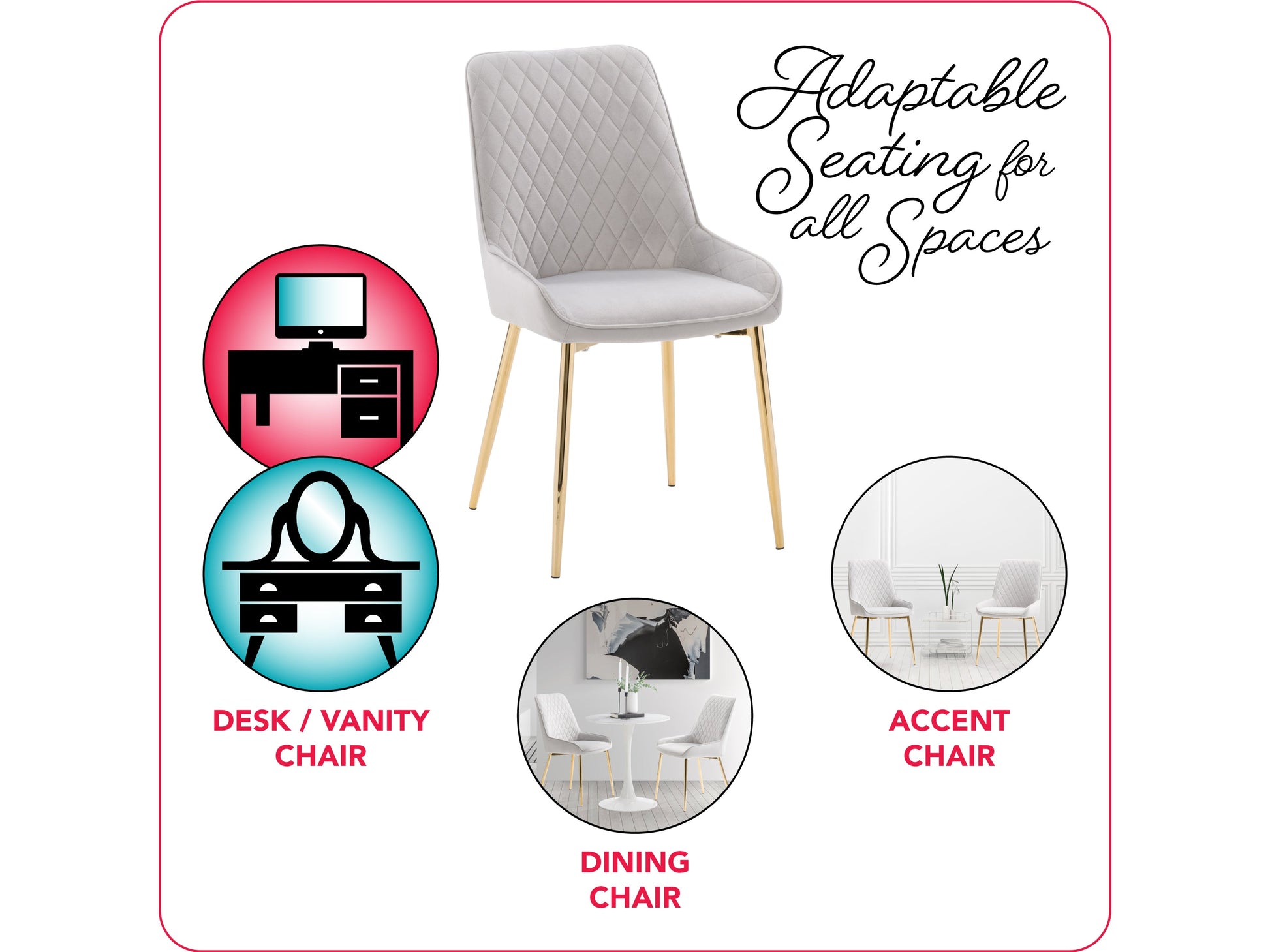 Light grey velvet dining chairs, set of 2, with tufted backrest, gold metal legs, and contemporary design. Perfect for modern dining rooms or kitchens. Luxurious and elegant seating solution.