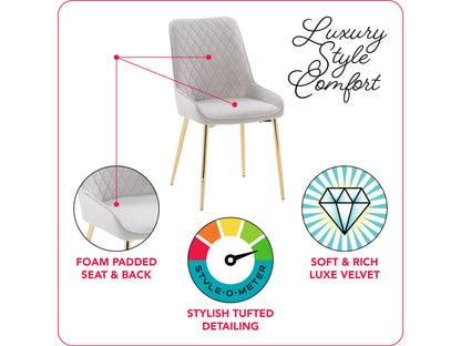 Light grey velvet dining chairs, set of 2, with tufted backrest, gold metal legs, and contemporary design. Perfect for modern dining rooms or kitchens. Luxurious and elegant seating solution.