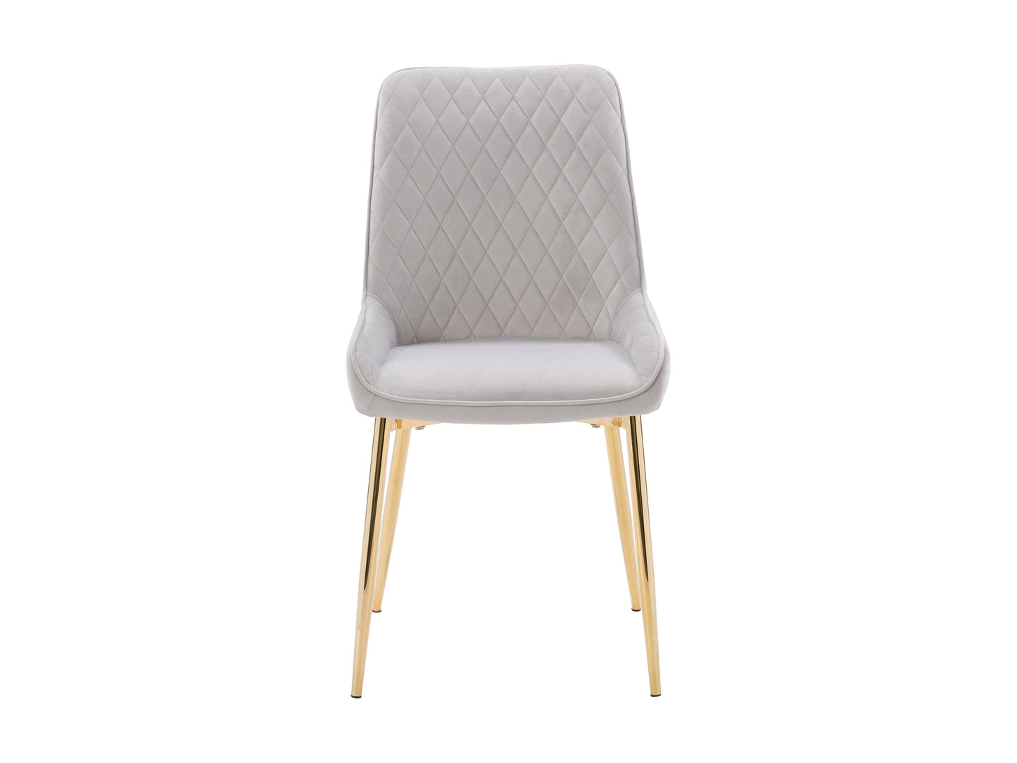 Light grey velvet dining chairs, set of 2, with tufted backrest, gold metal legs, and contemporary design. Perfect for modern dining rooms or kitchens. Luxurious and elegant seating solution.