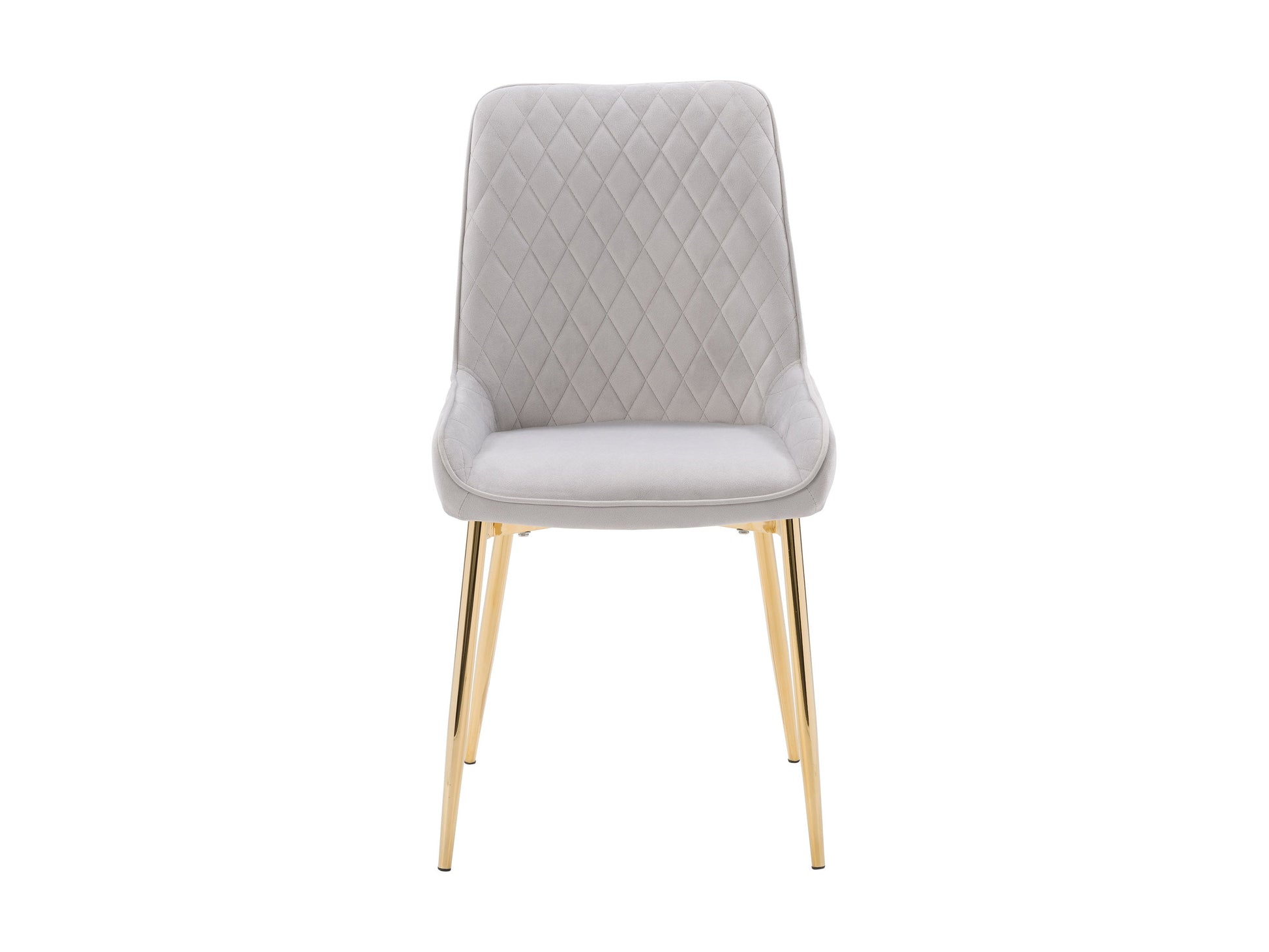 Light grey velvet dining chairs, set of 2, with tufted backrest, gold metal legs, and contemporary design. Perfect for modern dining rooms or kitchens. Luxurious and elegant seating solution.