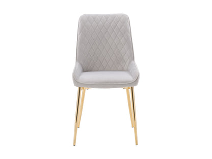 Light grey velvet dining chairs, set of 2, with tufted backrest, gold metal legs, and contemporary design. Perfect for modern dining rooms or kitchens. Luxurious and elegant seating solution.