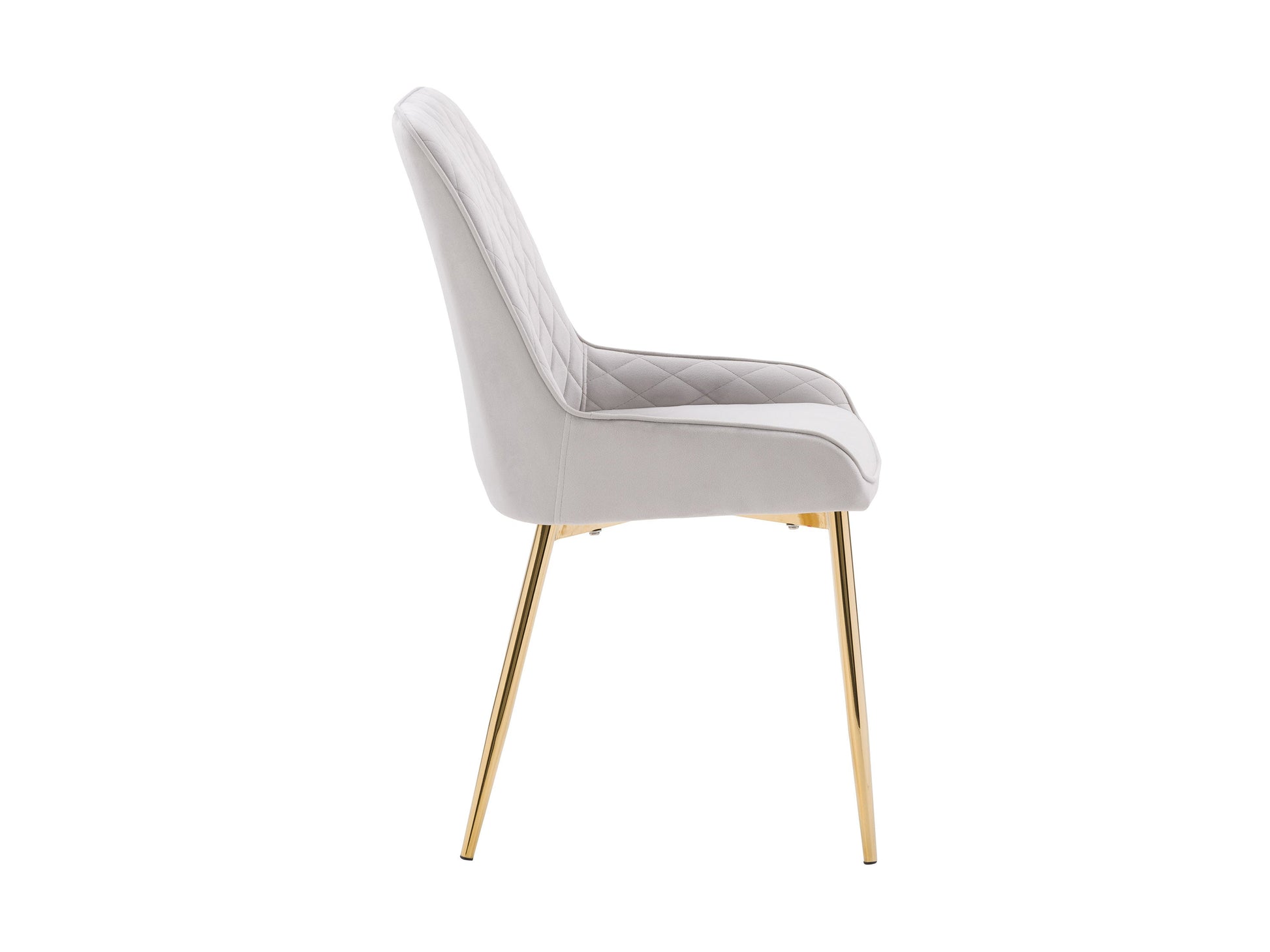Light grey velvet dining chairs, set of 2, with tufted backrest, gold metal legs, and contemporary design. Perfect for modern dining rooms or kitchens. Luxurious and elegant seating solution.