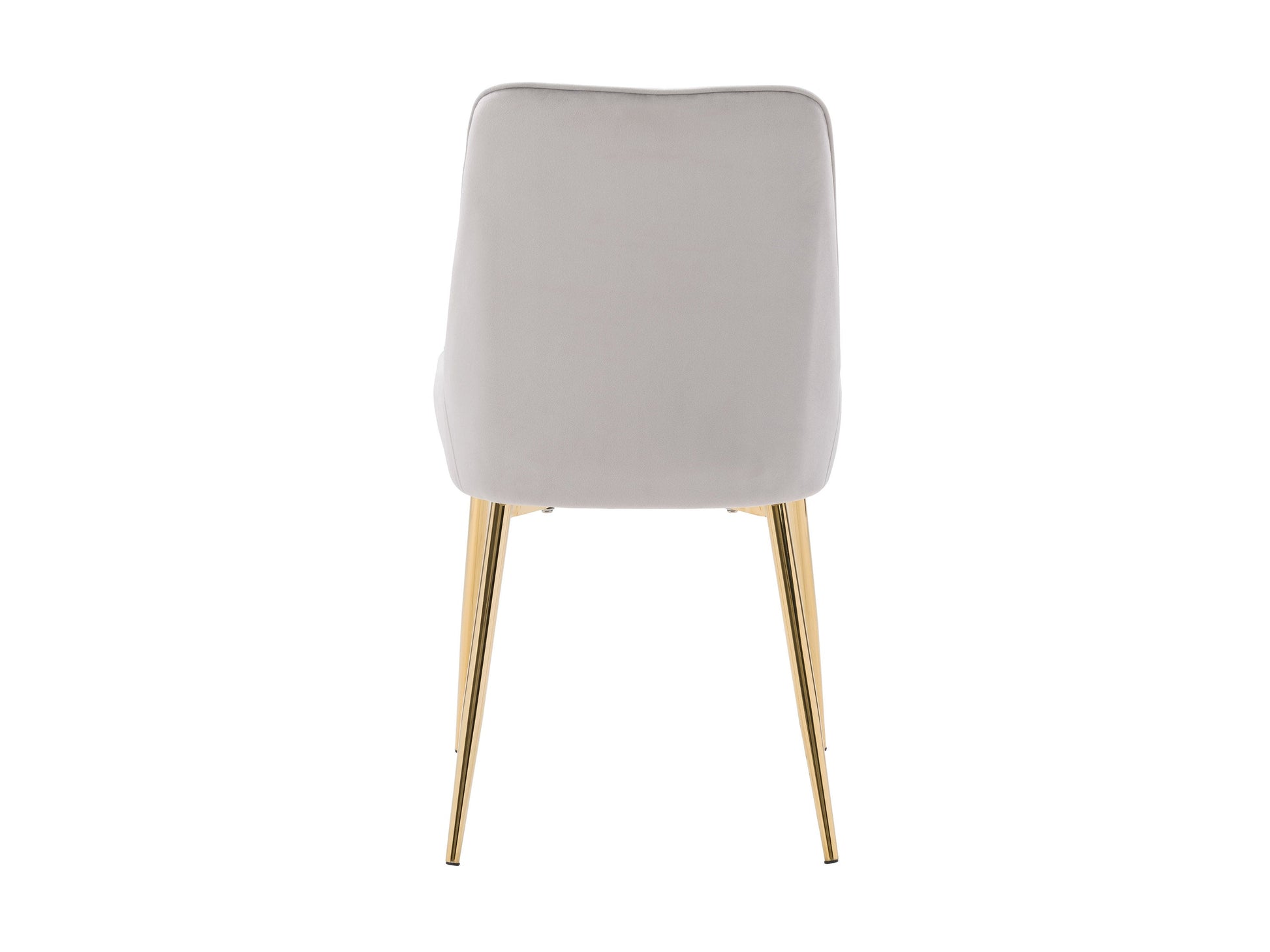 Light grey velvet dining chairs, set of 2, with tufted backrest, gold metal legs, and contemporary design. Perfect for modern dining rooms or kitchens. Luxurious and elegant seating solution.