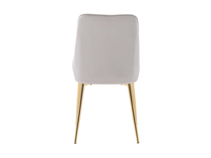 Light grey velvet dining chairs, set of 2, with tufted backrest, gold metal legs, and contemporary design. Perfect for modern dining rooms or kitchens. Luxurious and elegant seating solution.