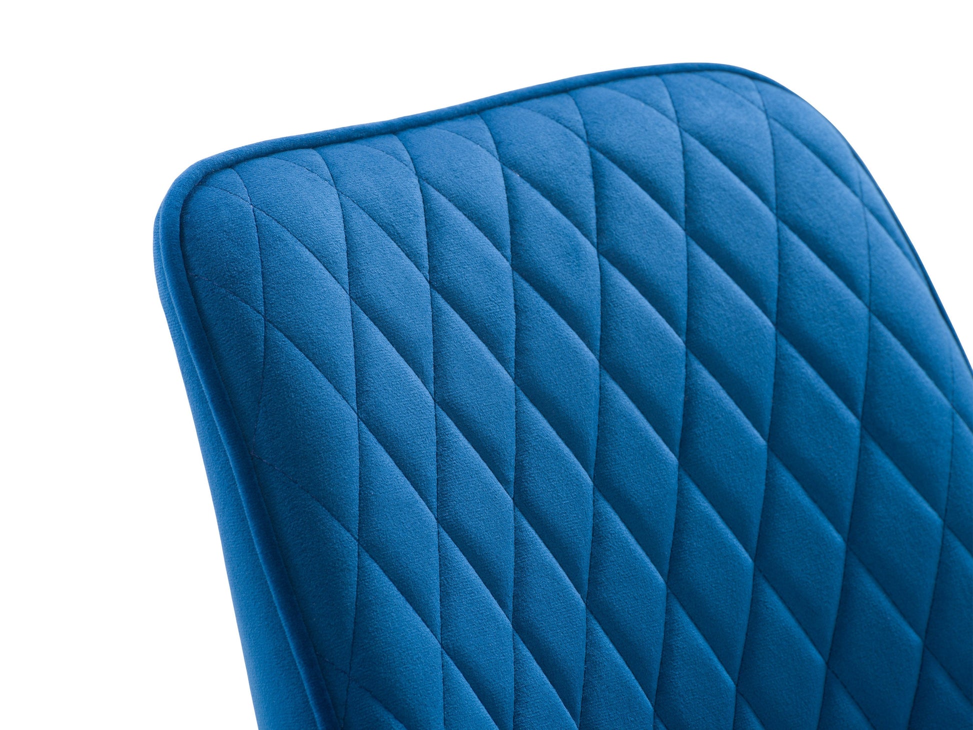 Navy blue velvet dining chairs set of 2 with gold metal legs, tufted backrest, and ergonomic design for modern dining rooms.