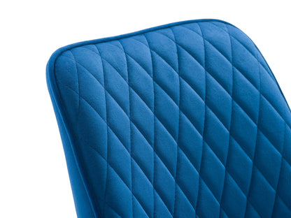 Navy blue velvet dining chairs set of 2 with gold metal legs, tufted backrest, and ergonomic design for modern dining rooms.