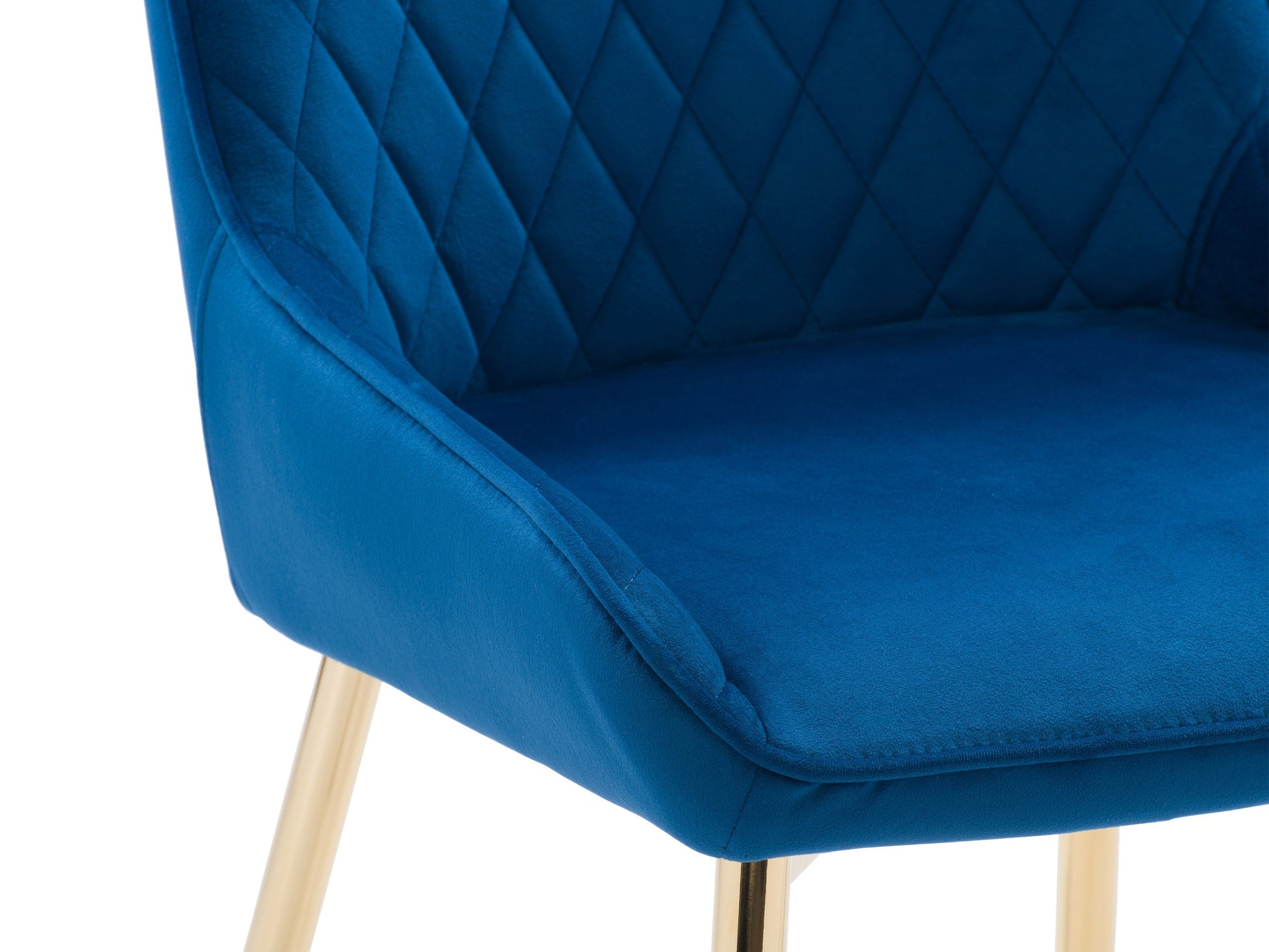Navy blue velvet dining chairs set of 2 with gold metal legs, tufted backrest, and ergonomic design for modern dining rooms.
