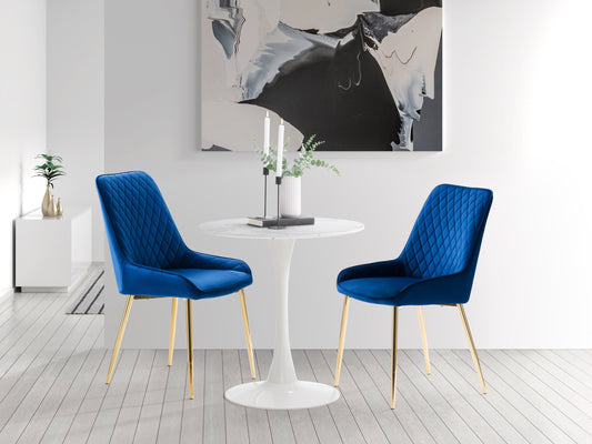 Navy blue velvet dining chairs set of 2 with gold metal legs, tufted backrest, and ergonomic design for modern dining rooms.