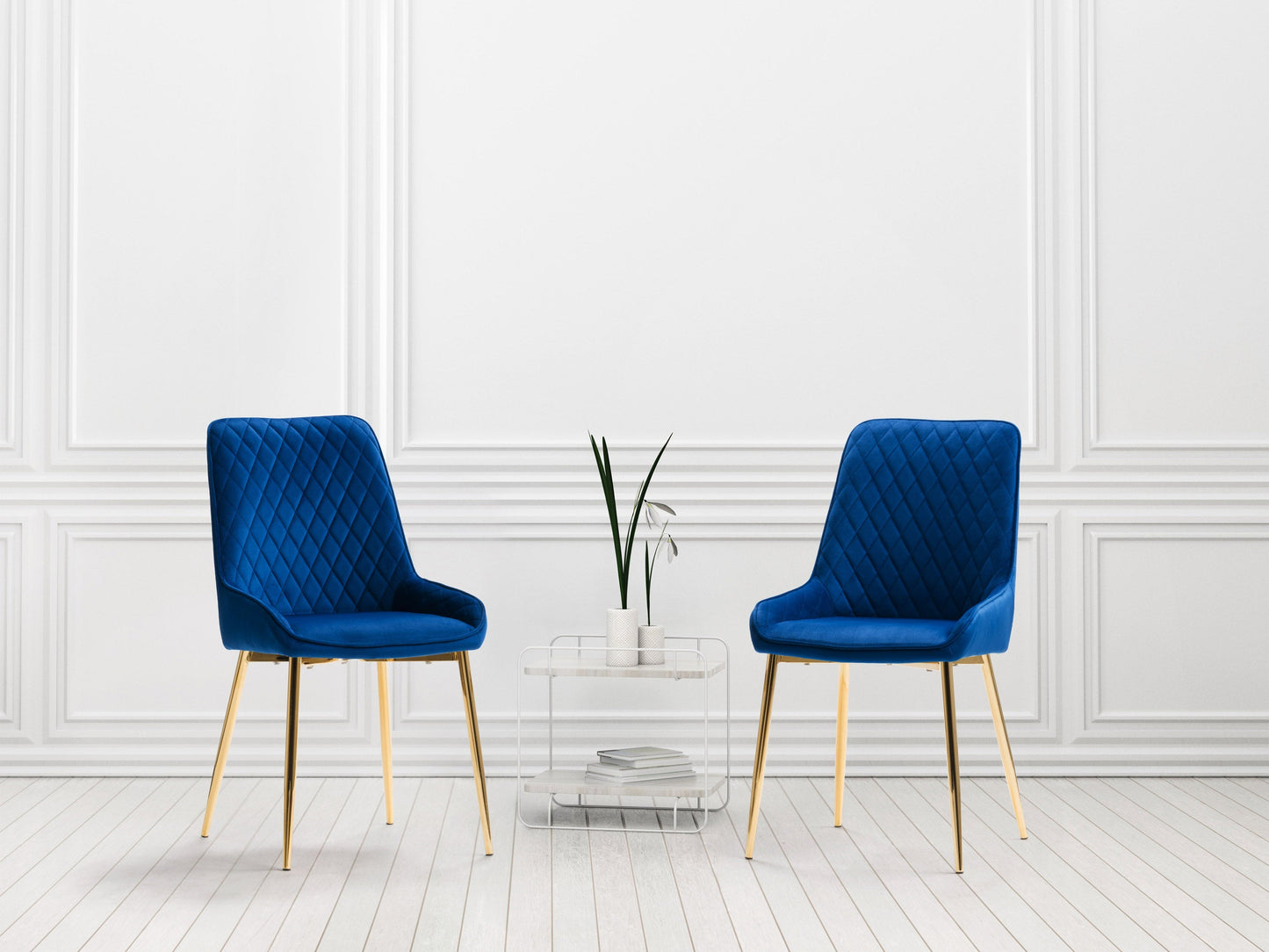Navy blue velvet dining chairs set of 2 with gold metal legs, tufted backrest, and ergonomic design for modern dining rooms.