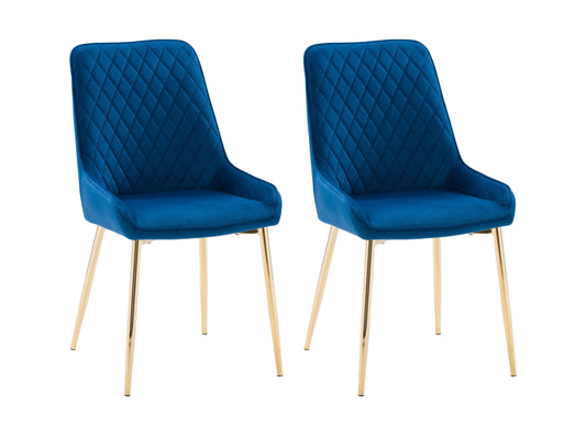 Navy blue velvet dining chairs set of 2 with gold metal legs, tufted backrest, and ergonomic design for modern dining rooms.