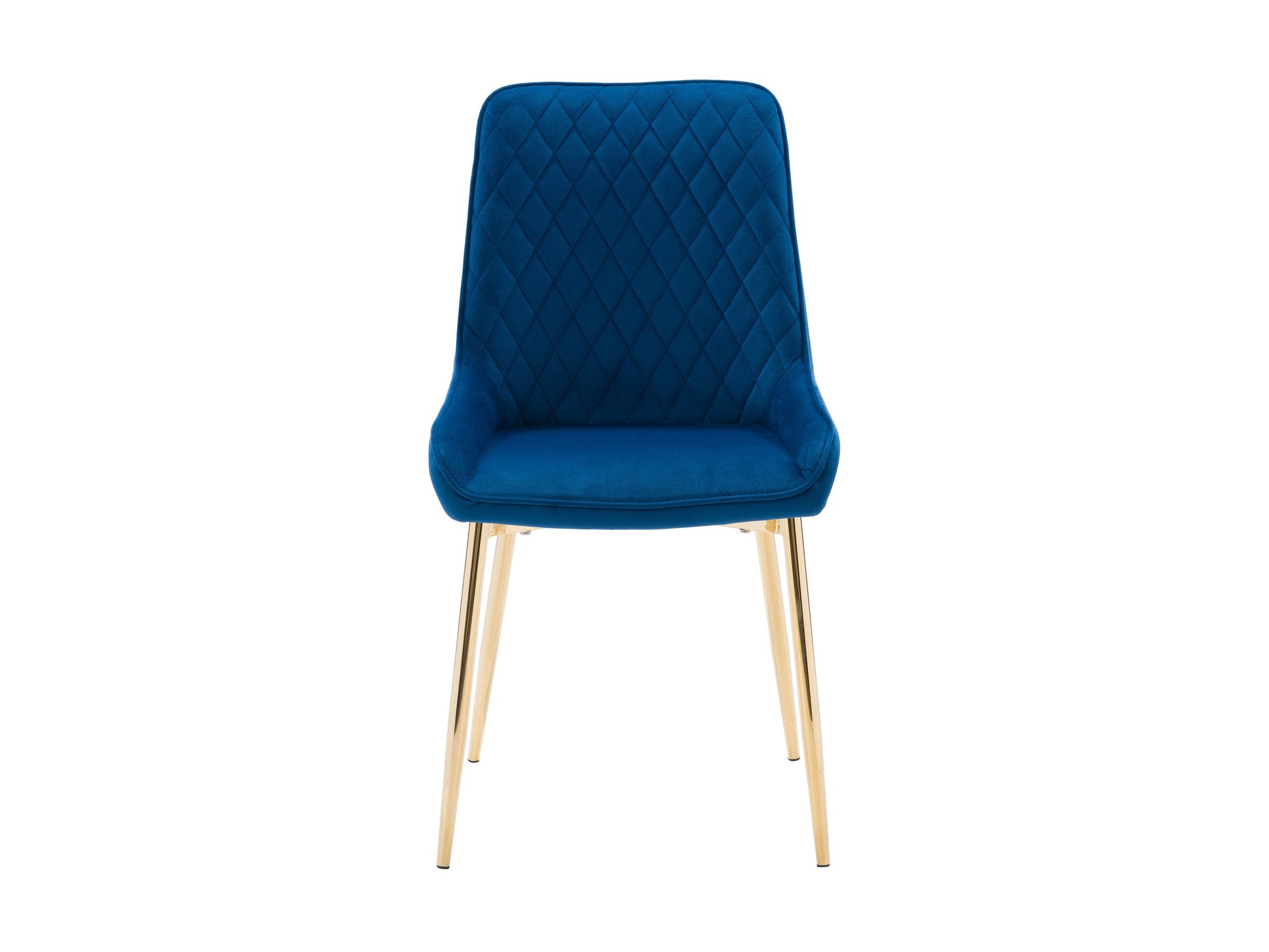 Navy blue velvet dining chairs set of 2 with gold metal legs, tufted backrest, and ergonomic design for modern dining rooms.